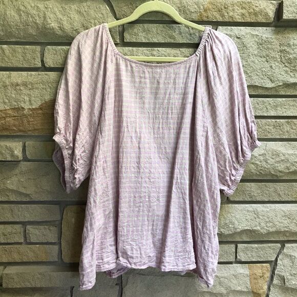 Madewell Linen-Blend Puff-Sleeve Button-Wrap Top in Plaid Lavender 3x - Picture 4 of 13